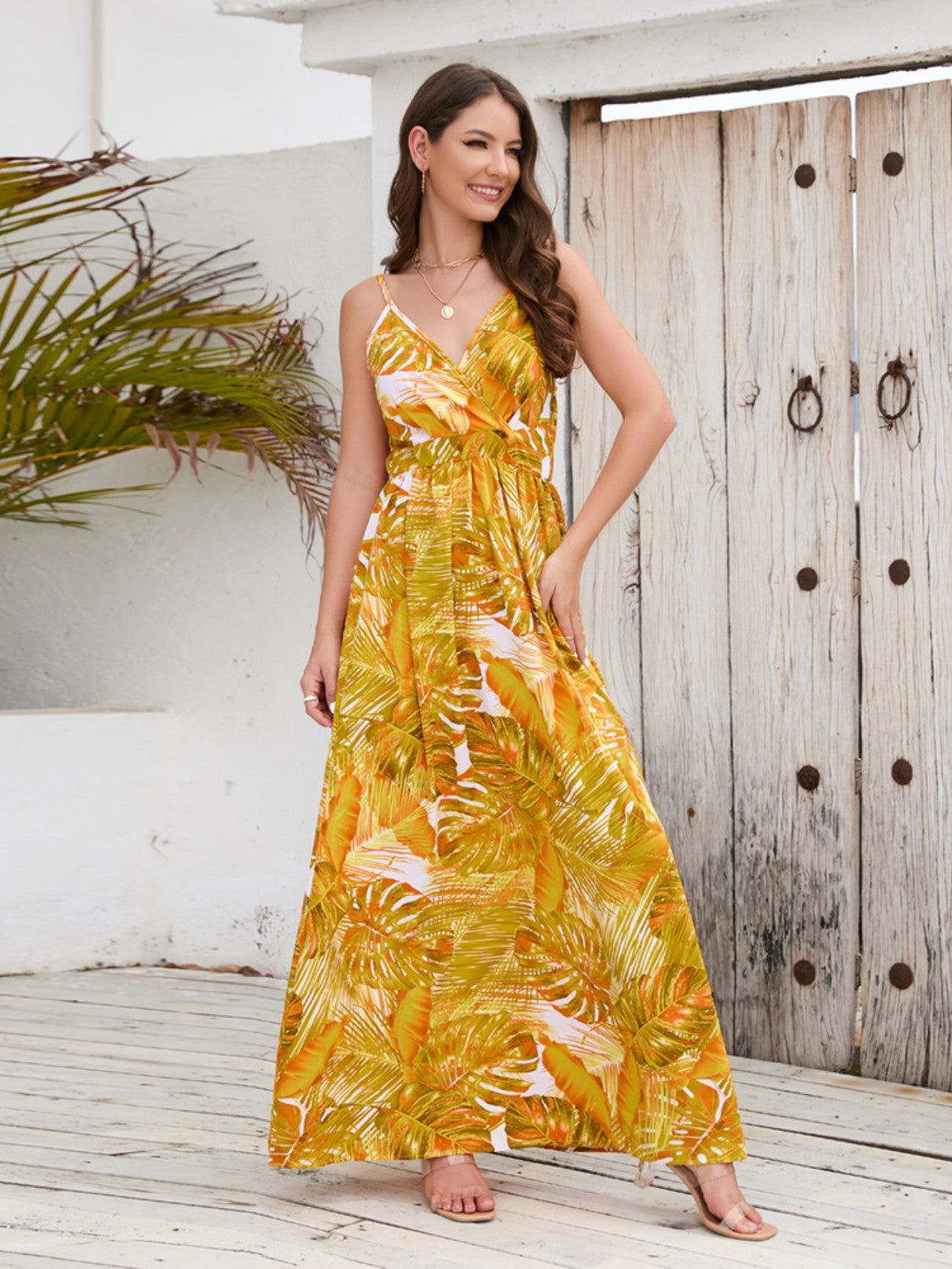 Floral Print Surplice Spaghetti Strap Maxi Dress