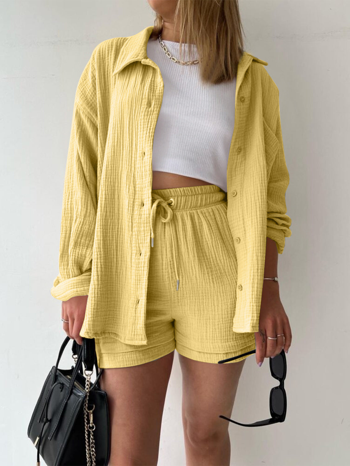 Button Up Shirt and Drawstring Short Set