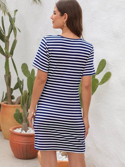 Side Cutout Striped Short Sleeve Dress