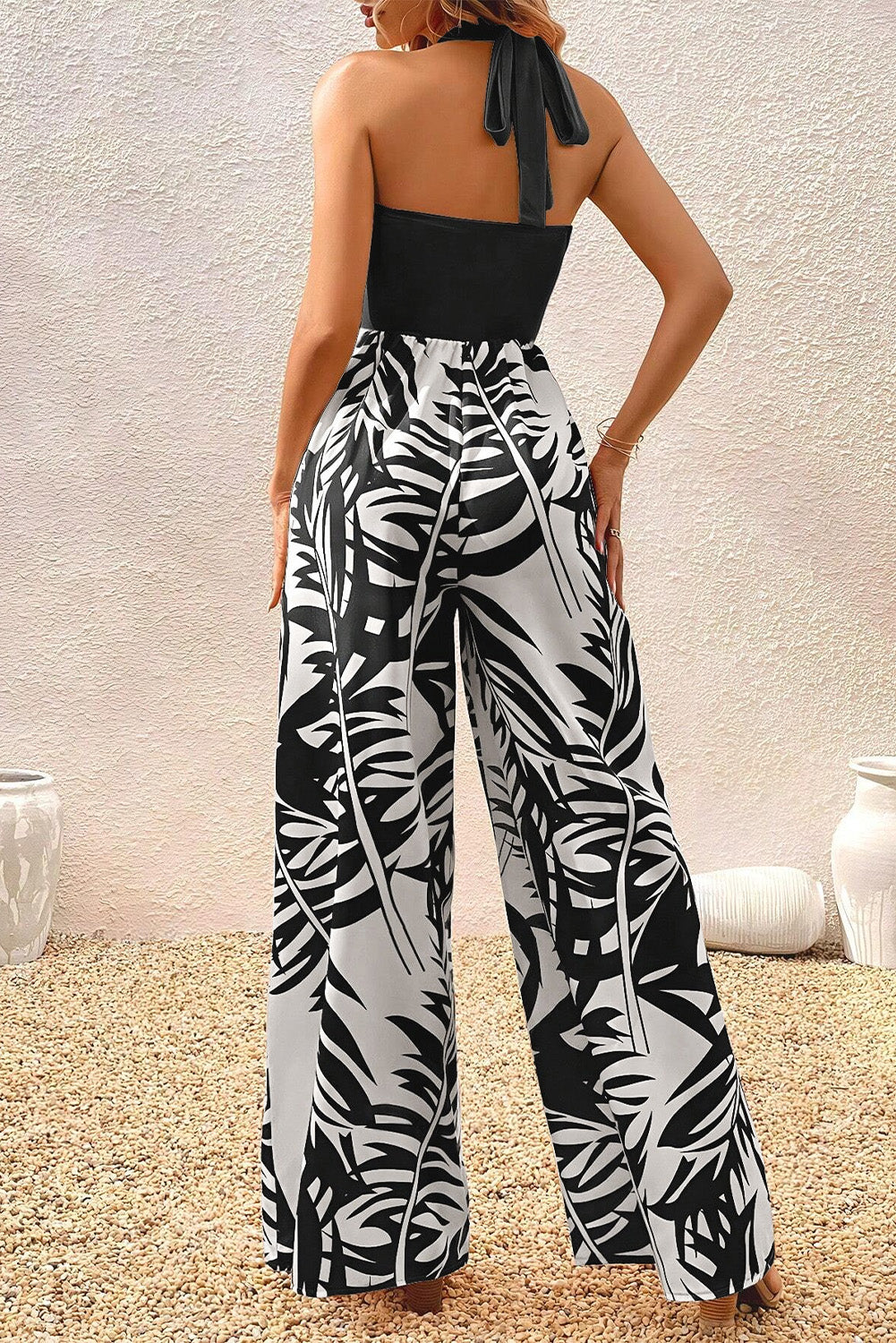 Floral Print Halter Wide Leg Jumpsuit