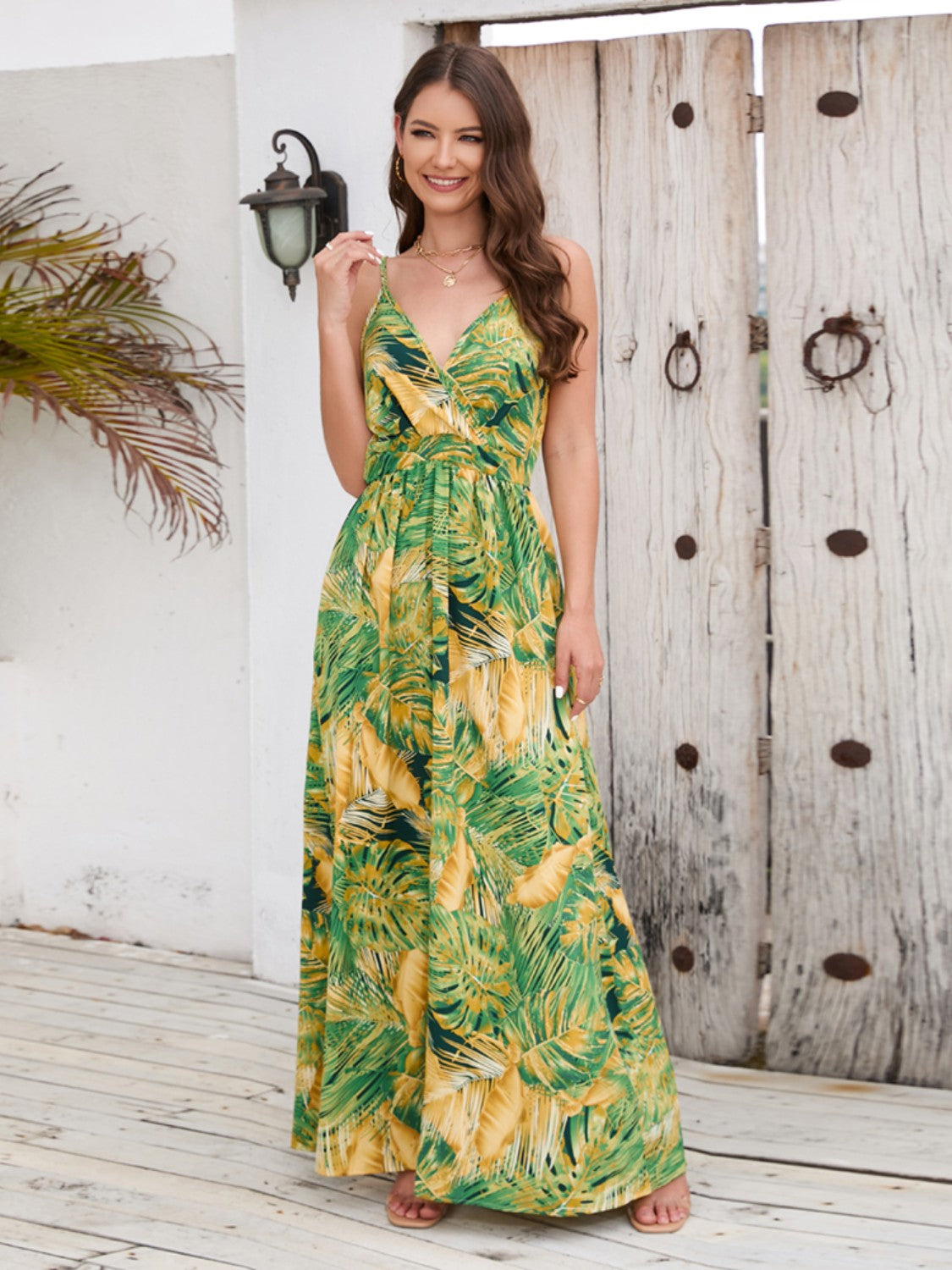 Floral Print Surplice Spaghetti Strap Maxi Dress