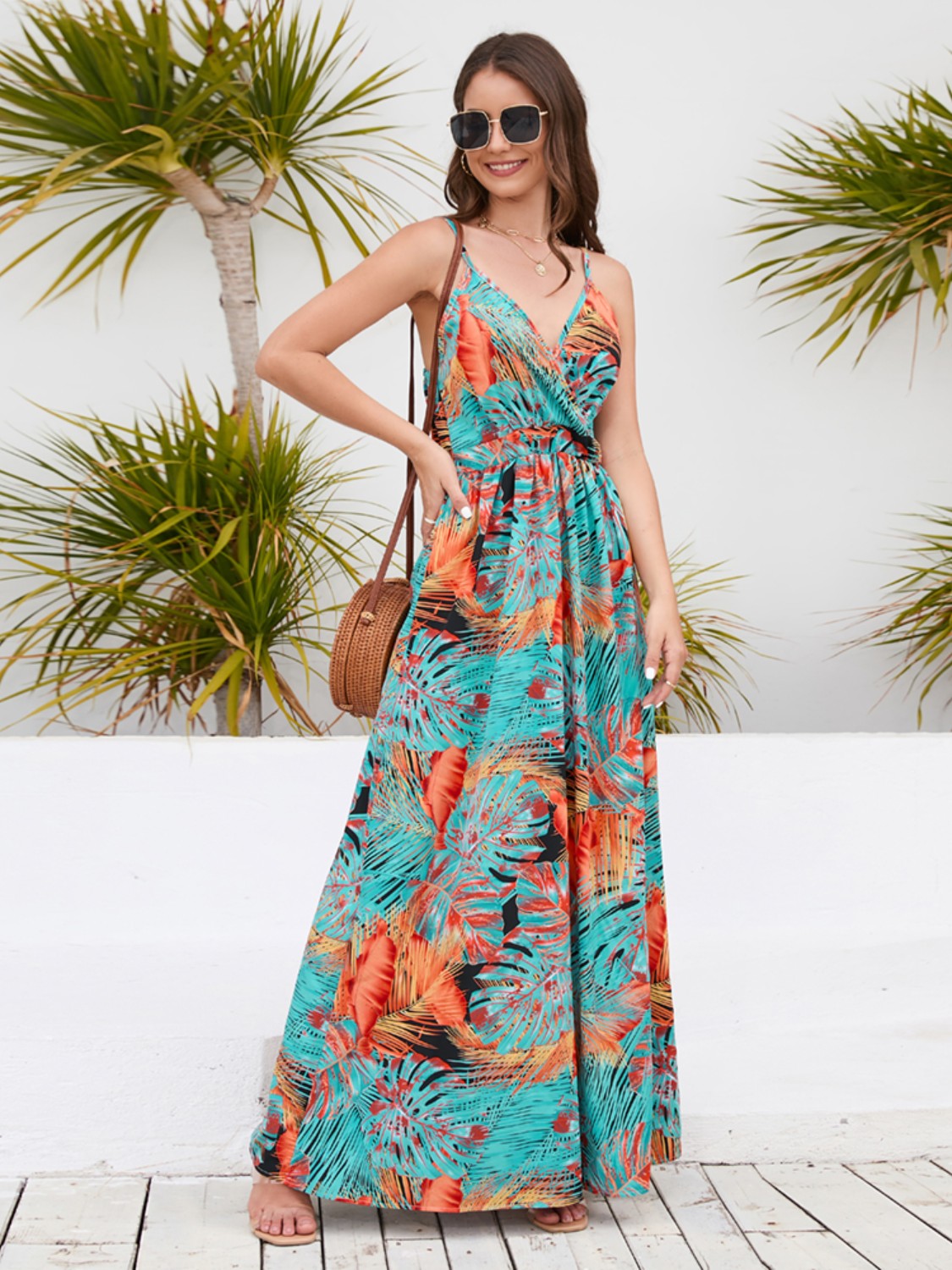 Floral Print Surplice Spaghetti Strap Maxi Dress