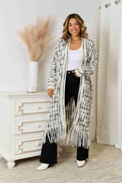 MultiColored Open Front Fringe Hem Long Cardigan