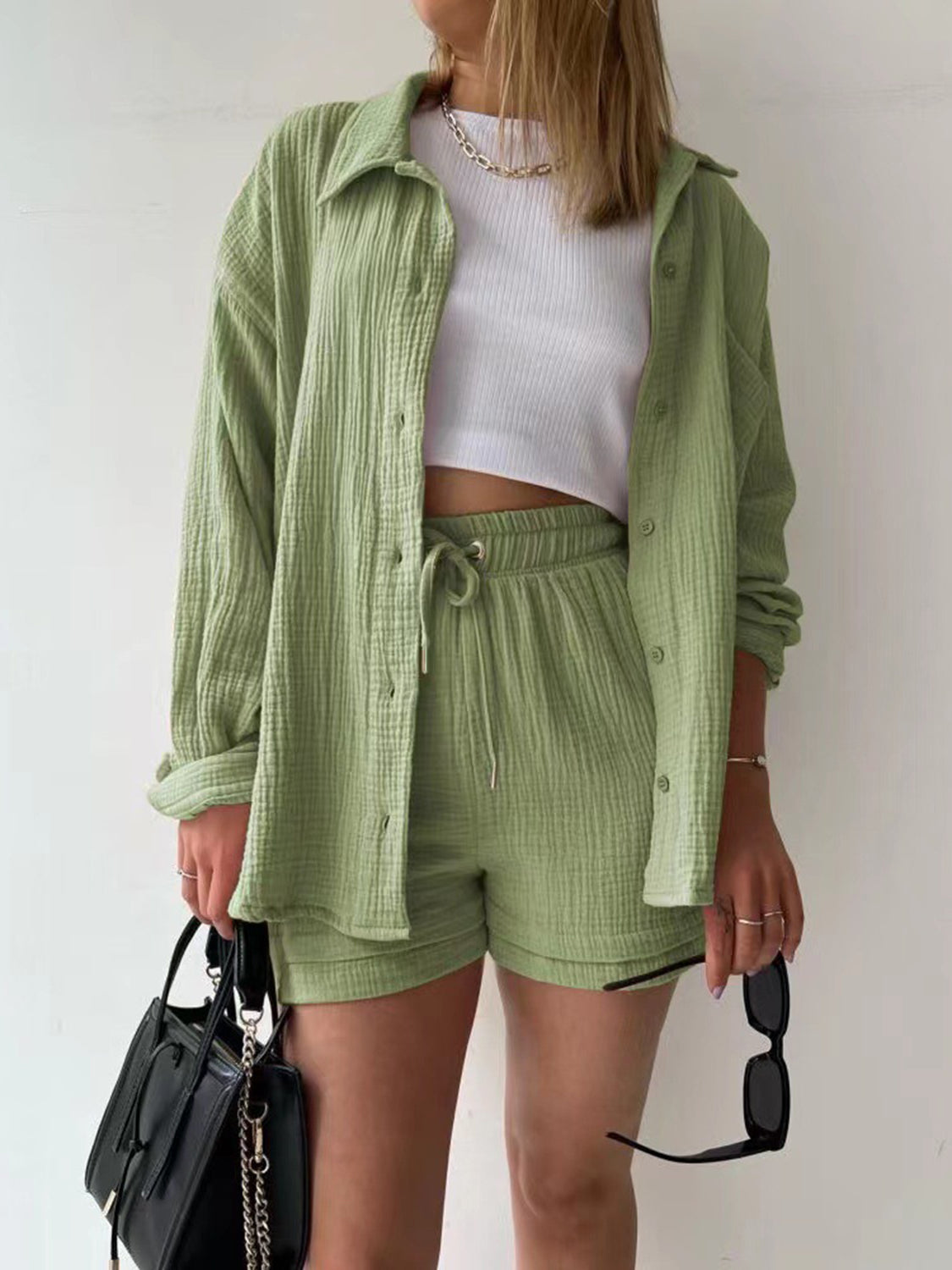 Button Up Shirt and Drawstring Short Set