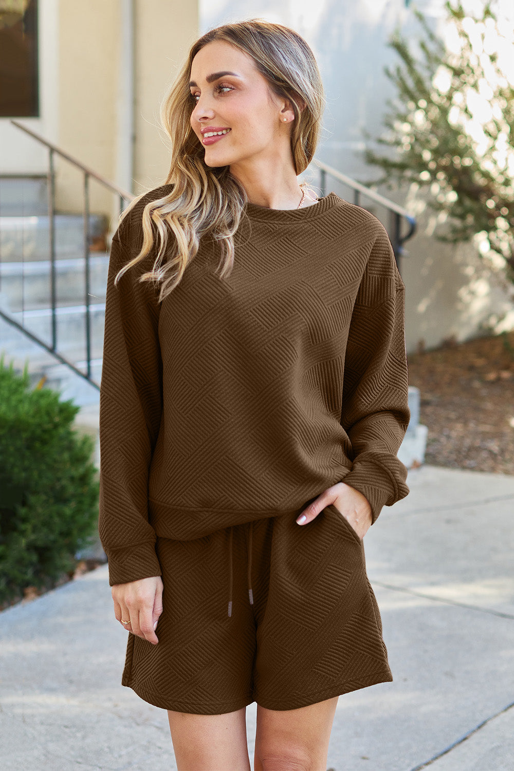 Textured Long Sleeve Top and Drawstring Short Set