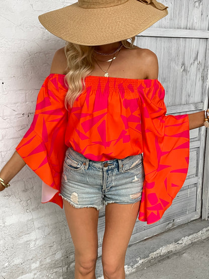 Printed Off-Shoulder Bohemian Bell Sleeve Top