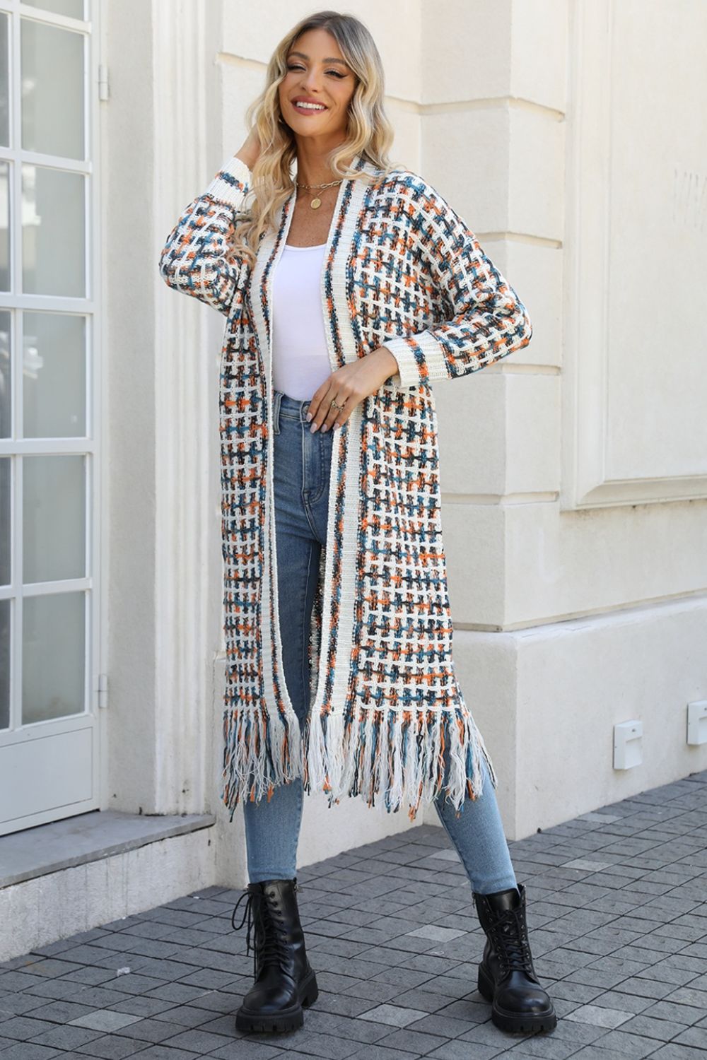 MultiColored Open Front Fringe Hem Long Cardigan