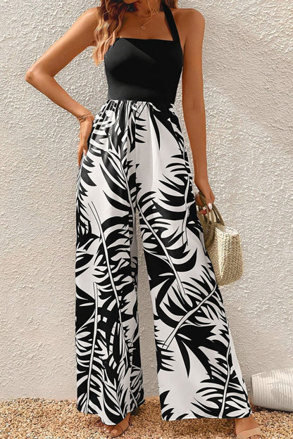 Floral Print Halter Wide Leg Jumpsuit