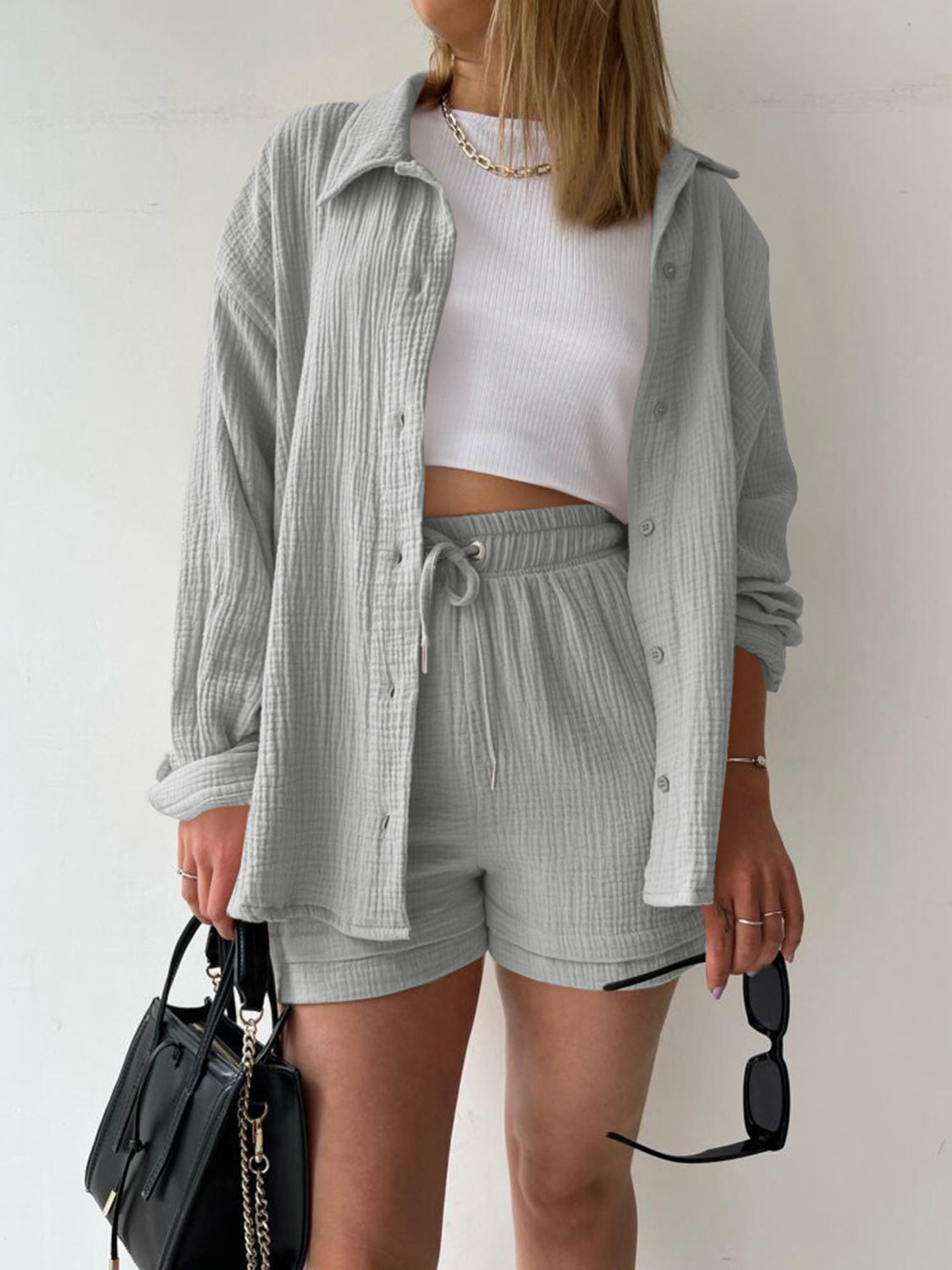 Button Up Shirt and Drawstring Short Set