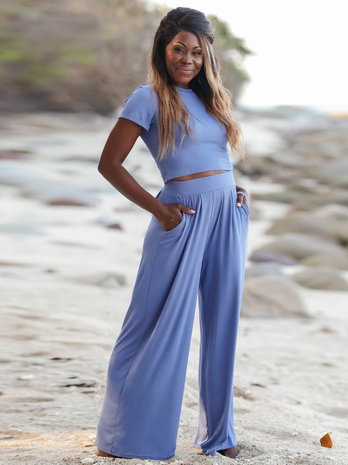 Short Sleeve Crop T-Shirt and Wide Leg Pants Set