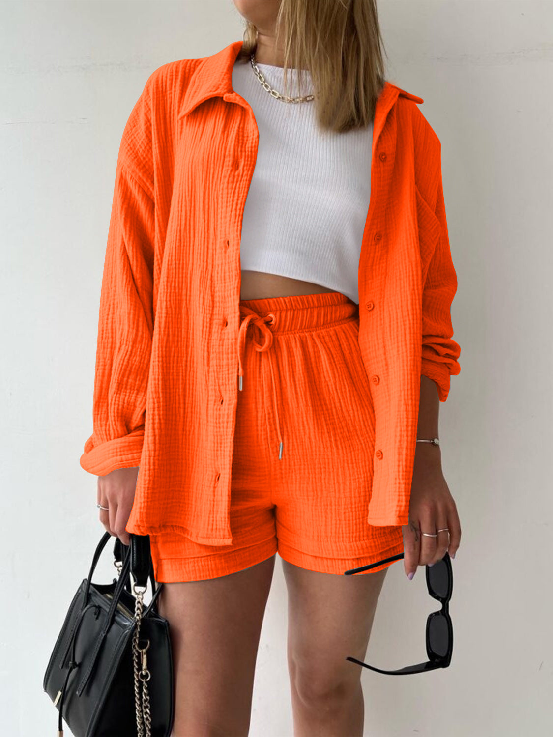 Button Up Shirt and Drawstring Short Set