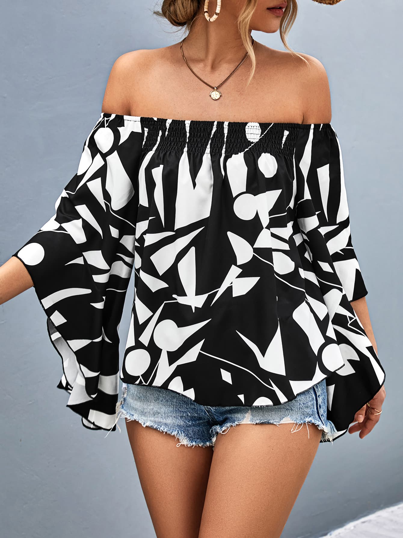 Printed Off-Shoulder Bohemian Bell Sleeve Top