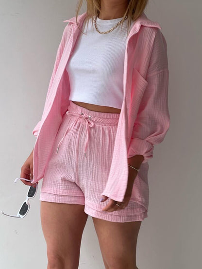 Button Up Shirt and Drawstring Short Set