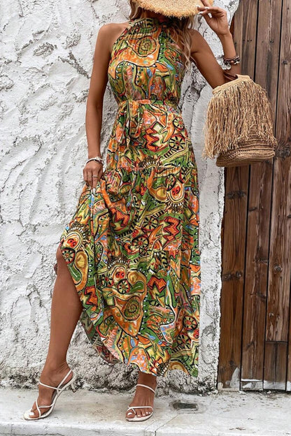 Abstract Print Tiered Panel Sleeveless Dress