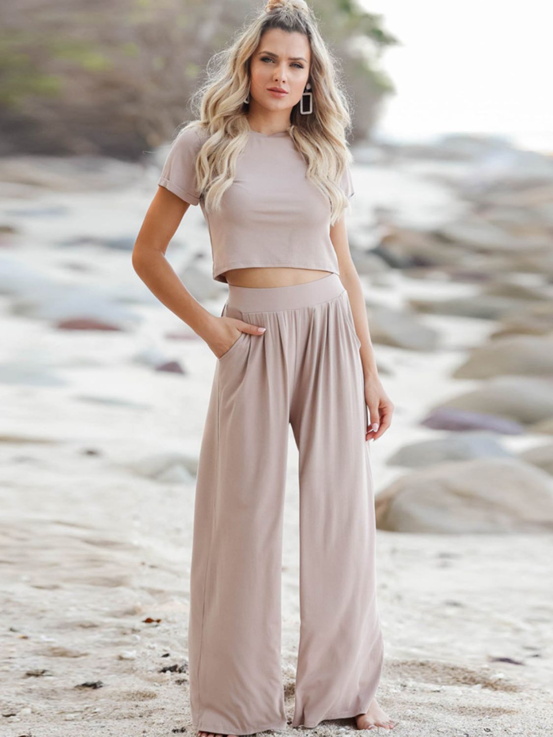 Short Sleeve Crop T-Shirt and Wide Leg Pants Set