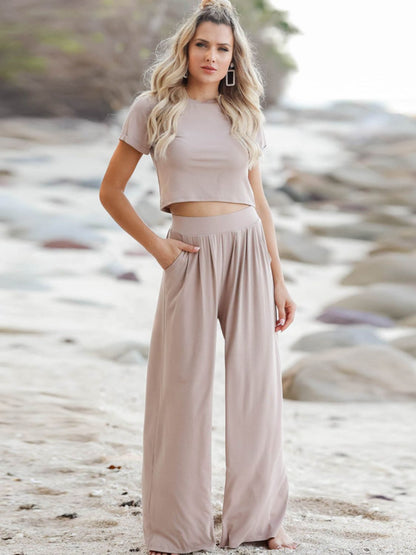 Short Sleeve Crop T-Shirt and Wide Leg Pants Set