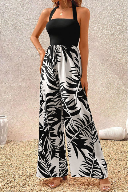 Floral Print Halter Wide Leg Jumpsuit