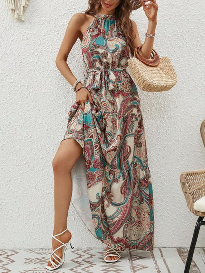 Abstract Print Tiered Panel Sleeveless Dress