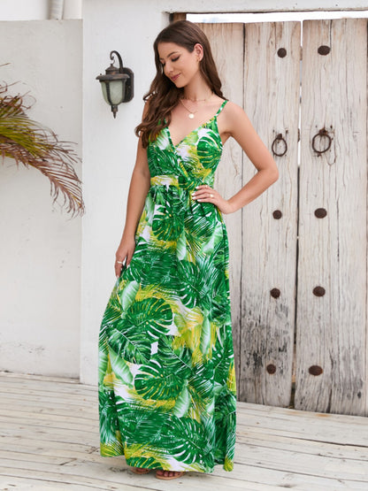 Floral Print Surplice Spaghetti Strap Maxi Dress