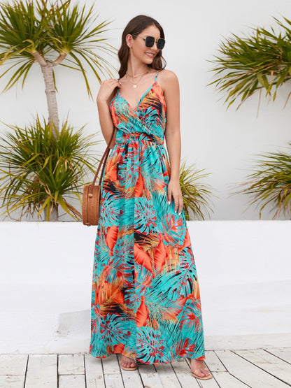 Floral Print Surplice Spaghetti Strap Maxi Dress