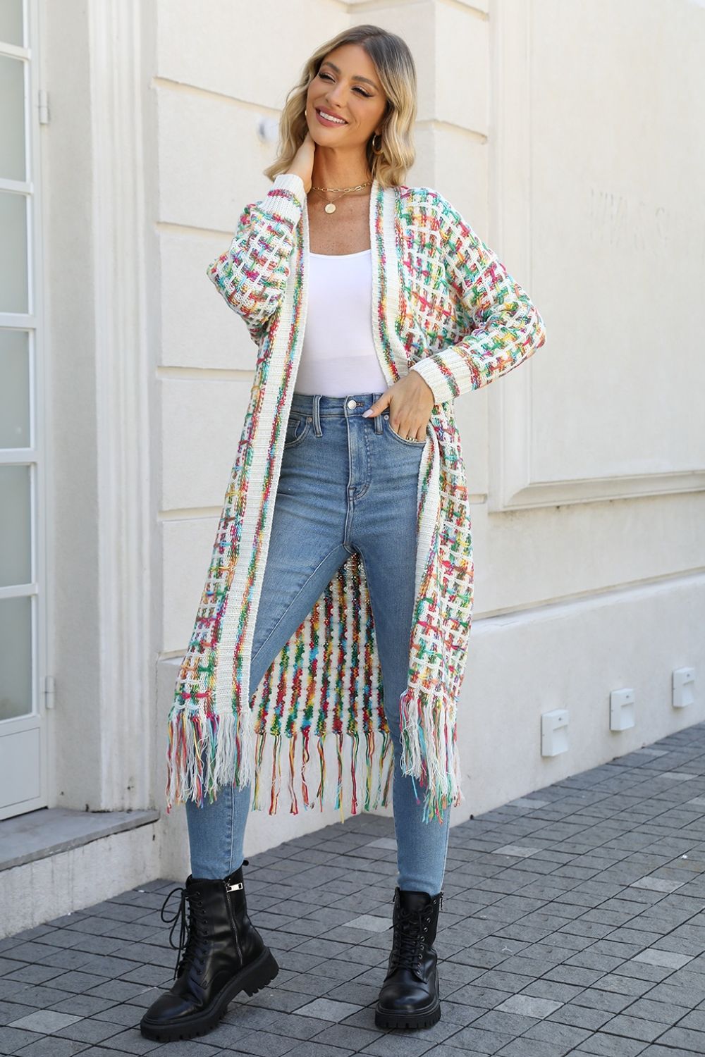 MultiColored Open Front Fringe Hem Long Cardigan