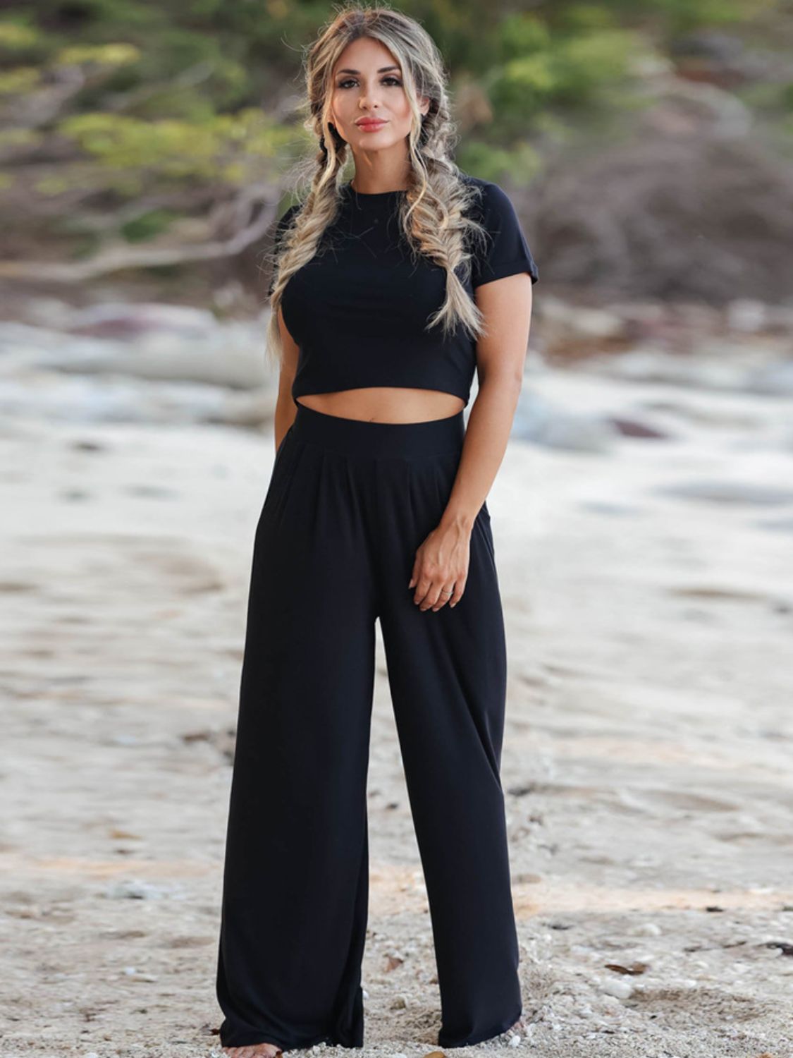 Short Sleeve Crop T-Shirt and Wide Leg Pants Set