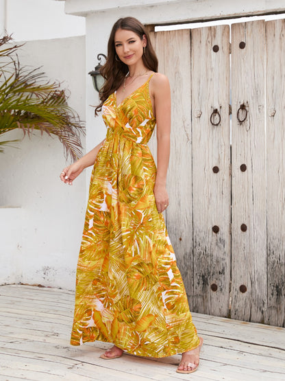 Floral Print Surplice Spaghetti Strap Maxi Dress