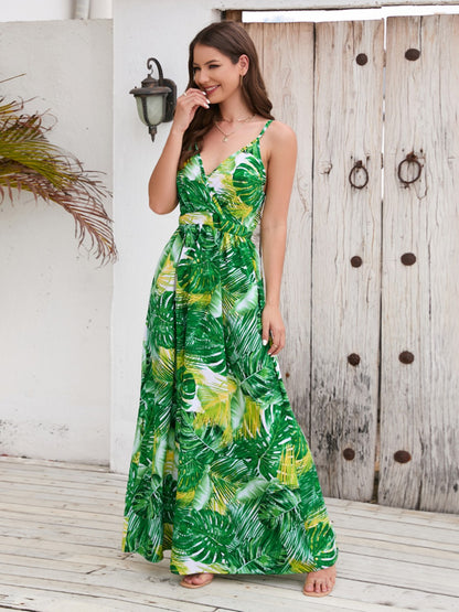 Floral Print Surplice Spaghetti Strap Maxi Dress