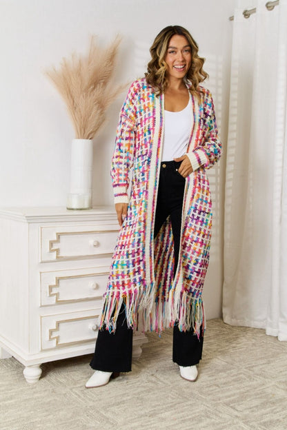 MultiColored Open Front Fringe Hem Long Cardigan