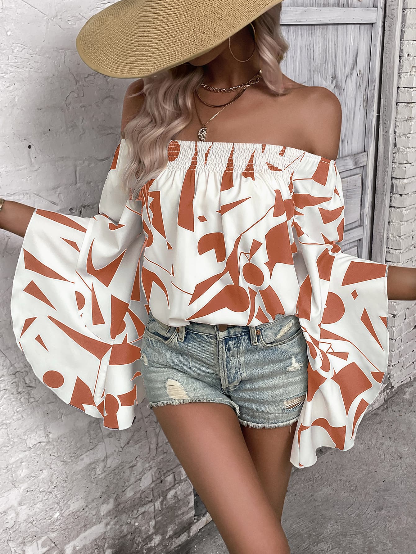 Printed Off-Shoulder Bohemian Bell Sleeve Top