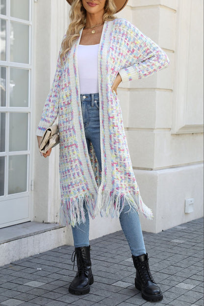 MultiColored Open Front Fringe Hem Long Cardigan