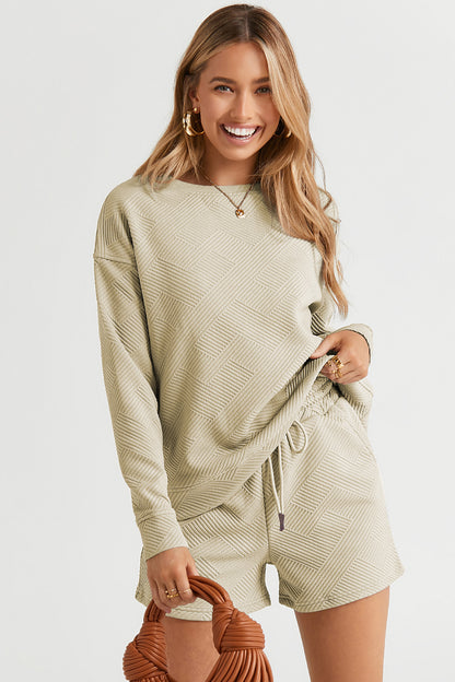 Textured Long Sleeve Top and Drawstring Short Set