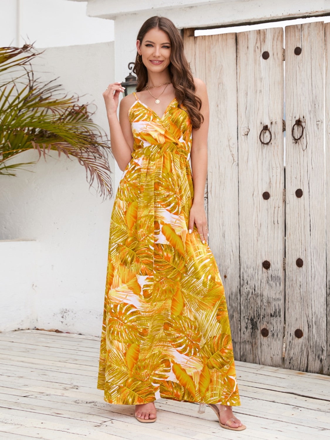 Floral Print Surplice Spaghetti Strap Maxi Dress