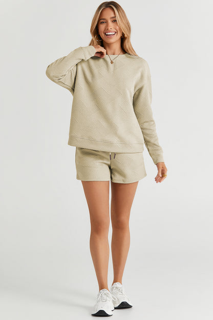 Textured Long Sleeve Top and Drawstring Short Set