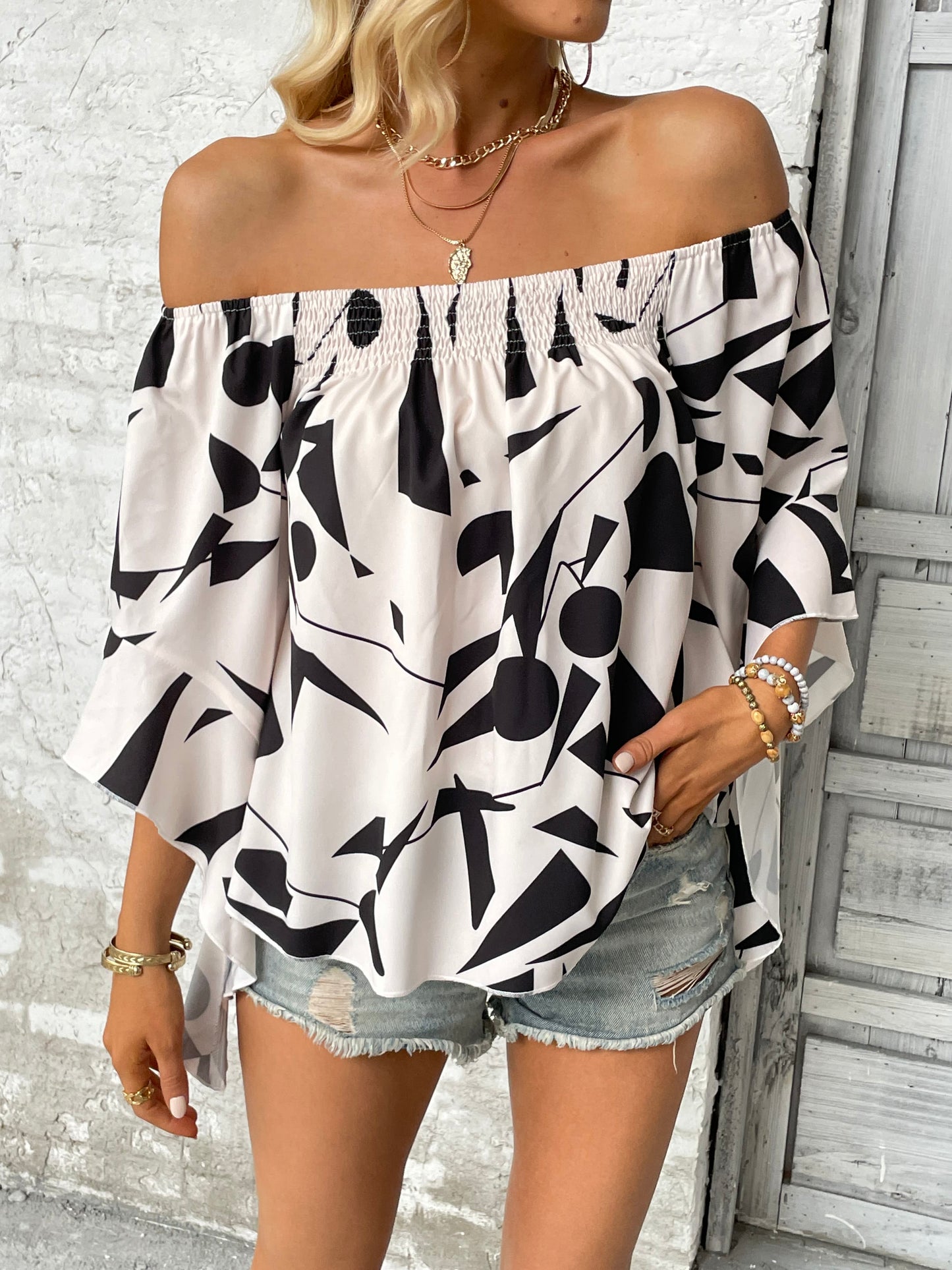 Printed Off-Shoulder Bohemian Bell Sleeve Top