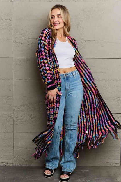 MultiColored Open Front Fringe Hem Long Cardigan