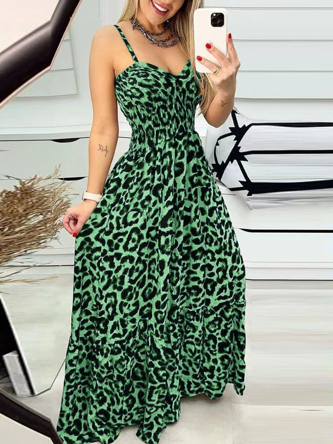 Leopard Sweetheart Neck Maxi Dress