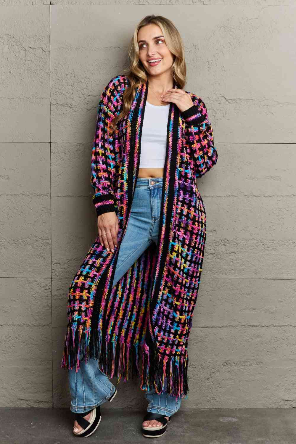 MultiColored Open Front Fringe Hem Long Cardigan