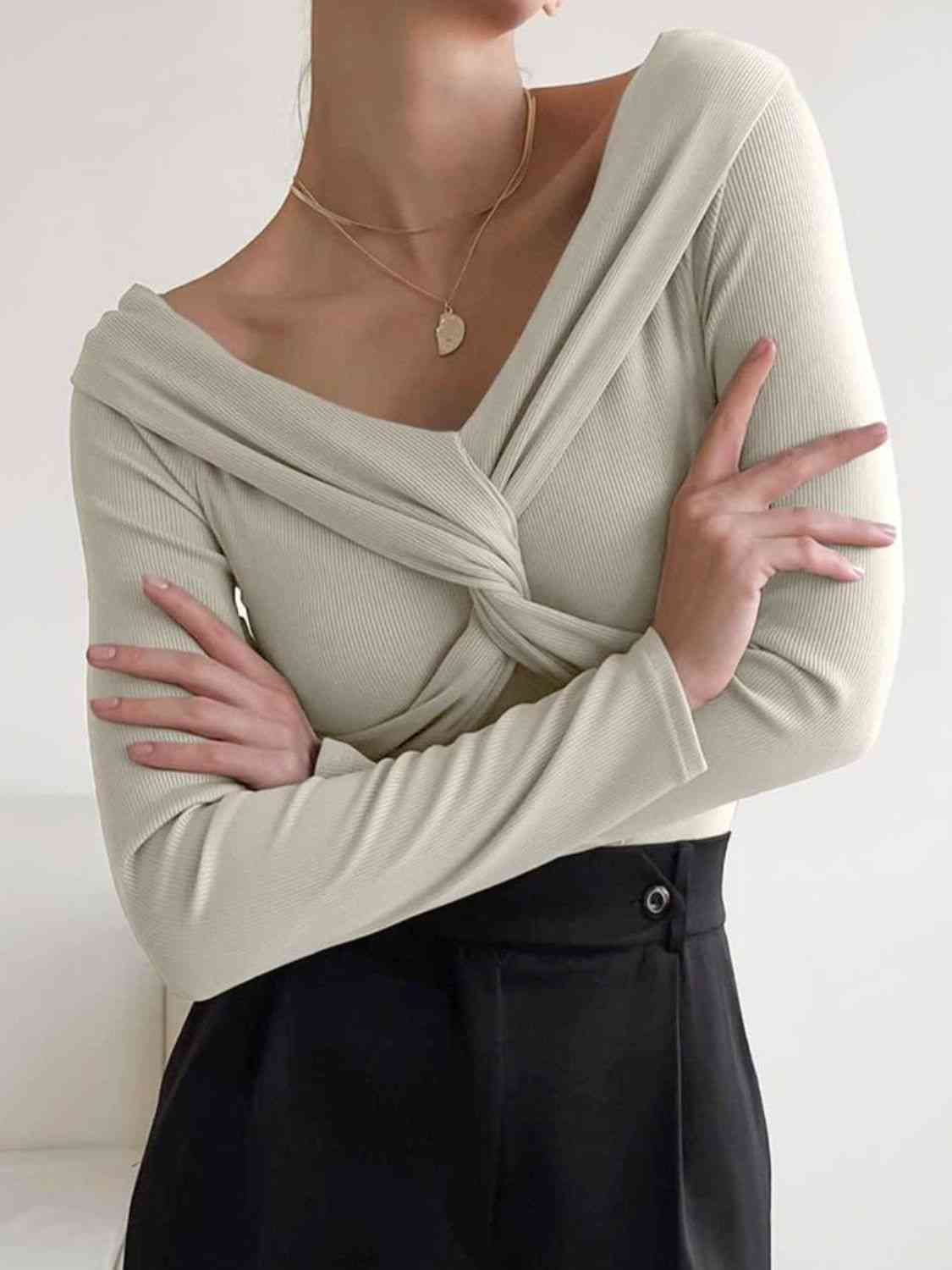 Off Shoulder Long Sleeve Knit Top with Detailing