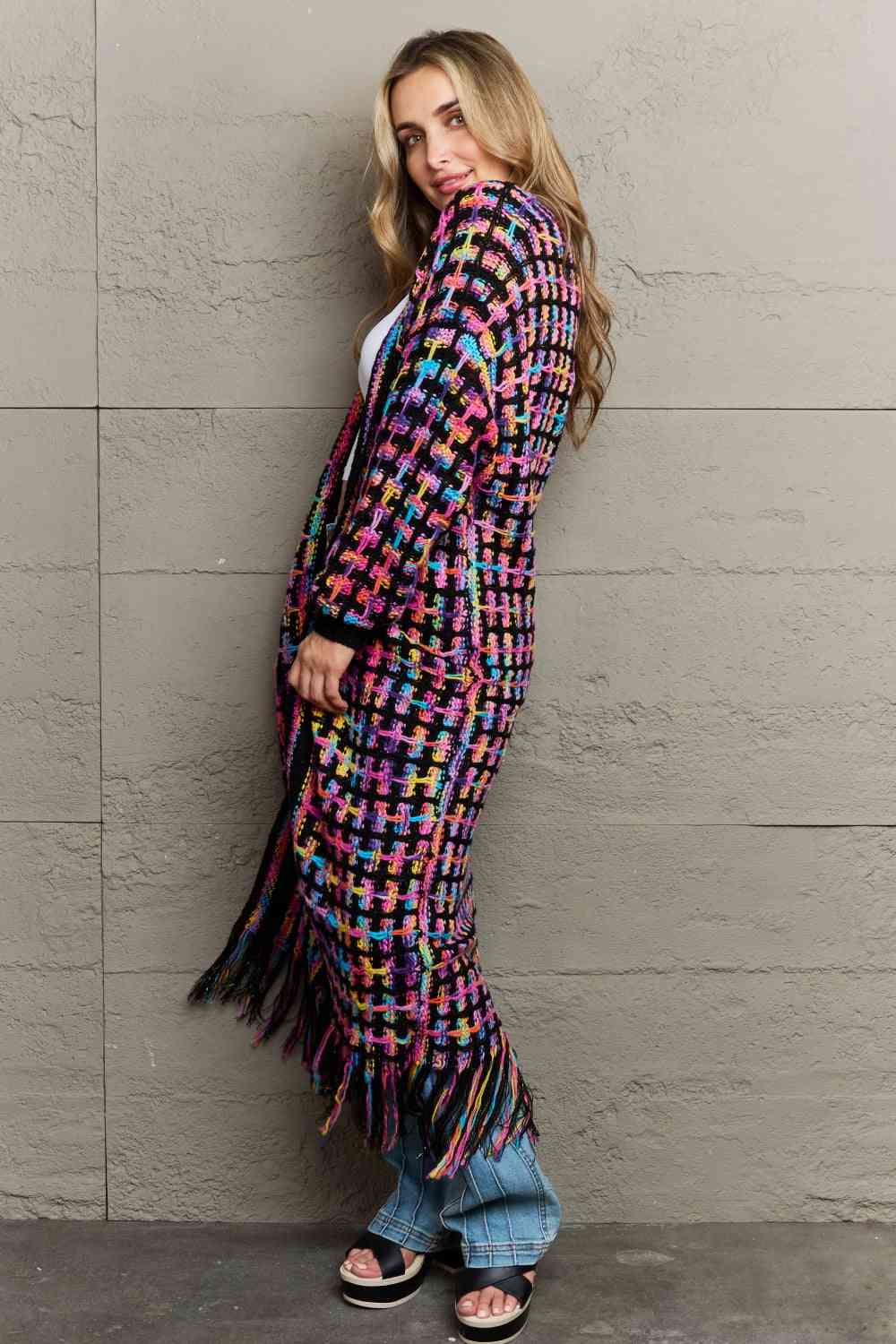 MultiColored Open Front Fringe Hem Long Cardigan