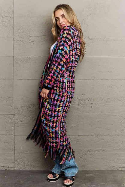 MultiColored Open Front Fringe Hem Long Cardigan