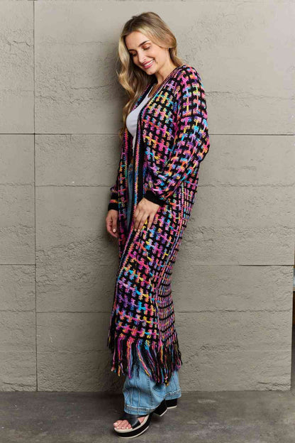 MultiColored Open Front Fringe Hem Long Cardigan