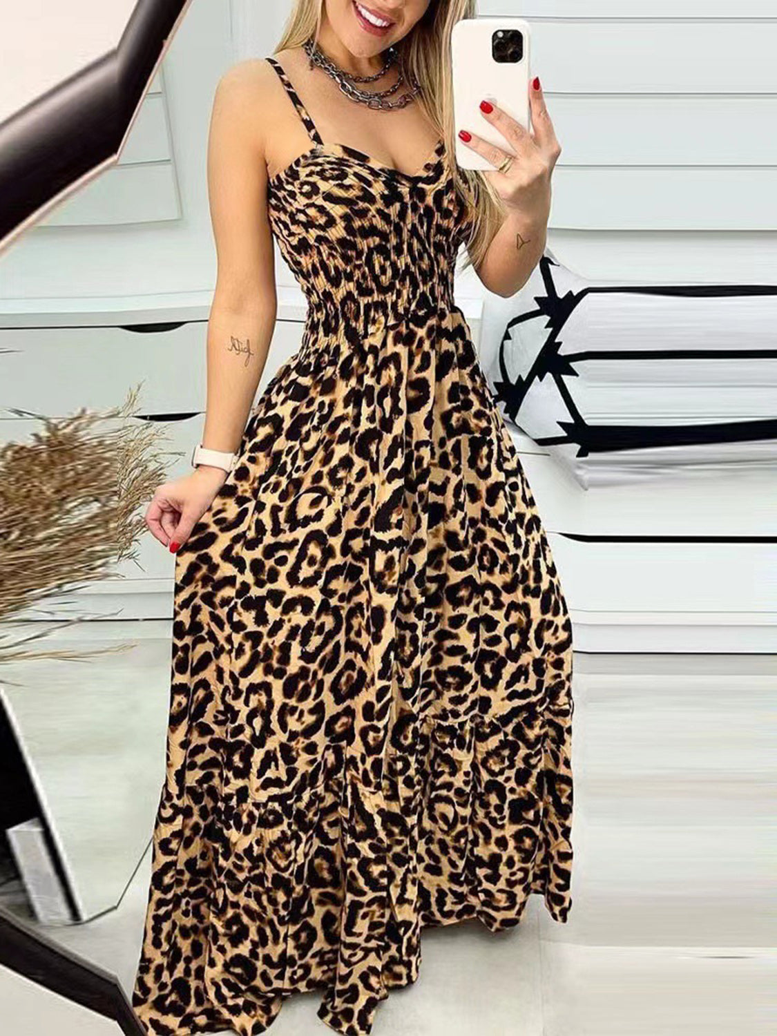 Leopard Sweetheart Neck Maxi Dress