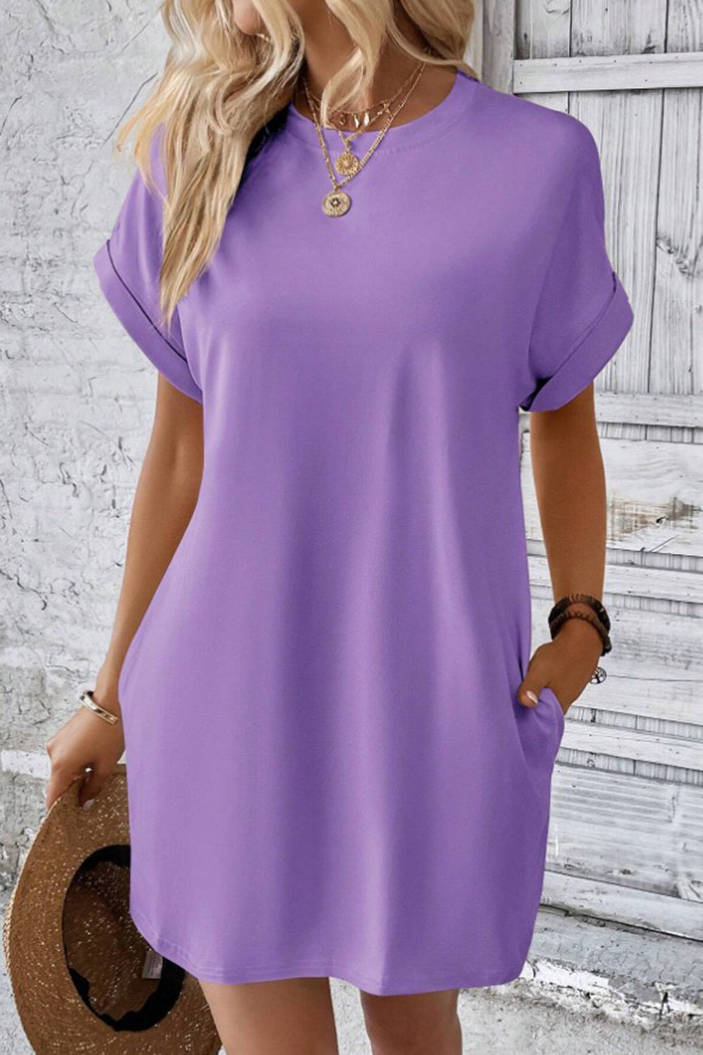 Pocketed Round Neck T-Shirt Dress