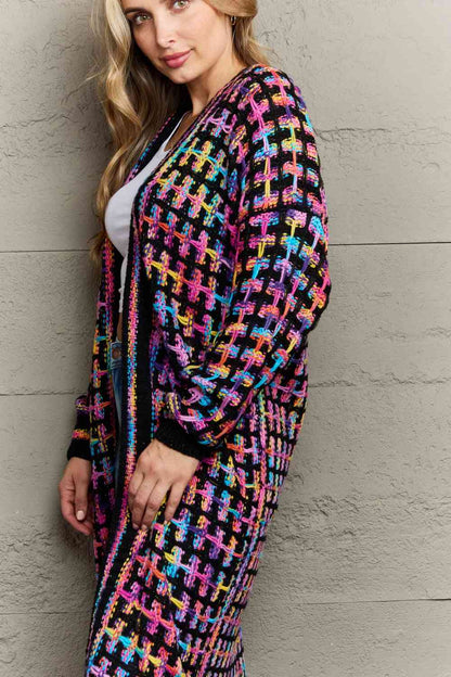 MultiColored Open Front Fringe Hem Long Cardigan